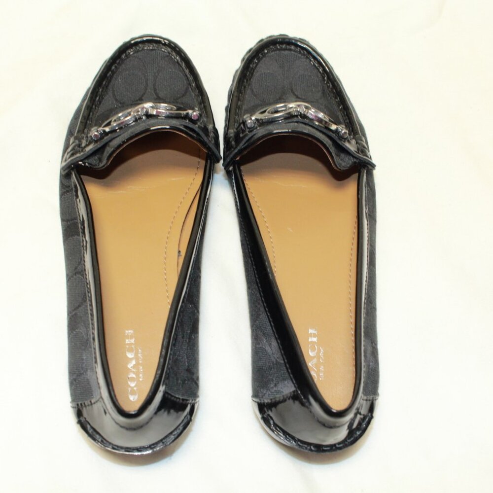 Coach Size 9 B Black Logo W Patent Leather Trim FORTUNATA Slip On Moc Toe Flats - Picture 10 of 11
